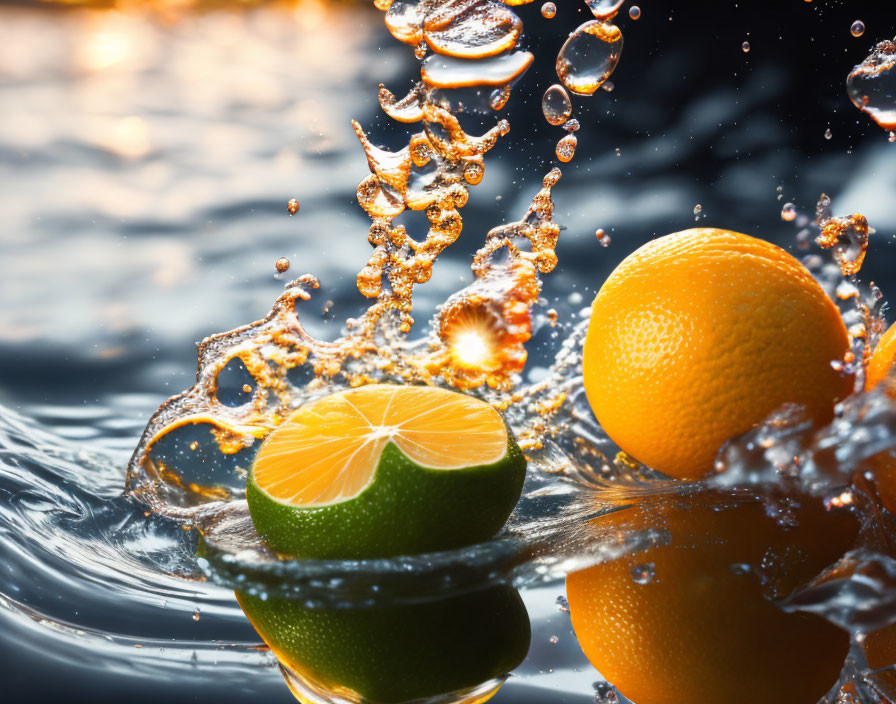 Vibrant citrus fruits splashing in water with droplets on dark background