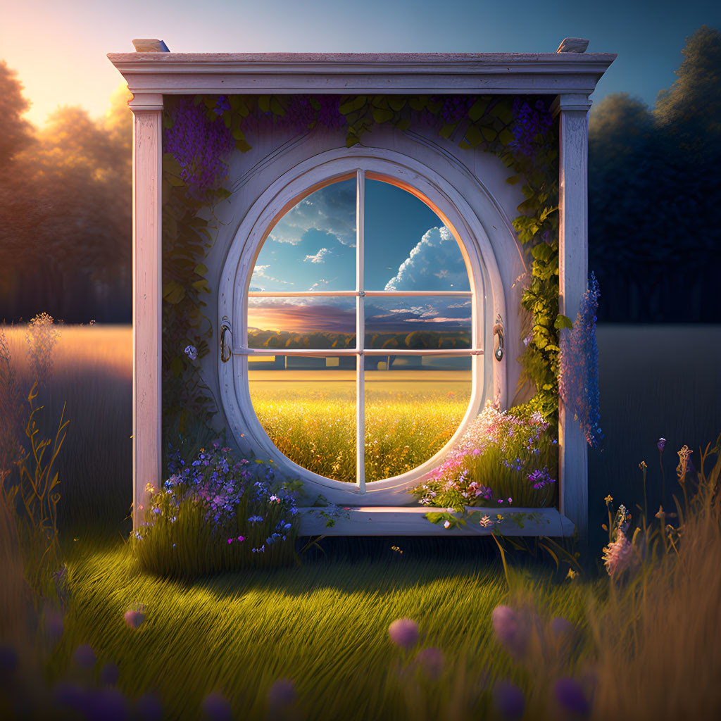 Circular Open Window Frame with Countryside View and Purple Flowers