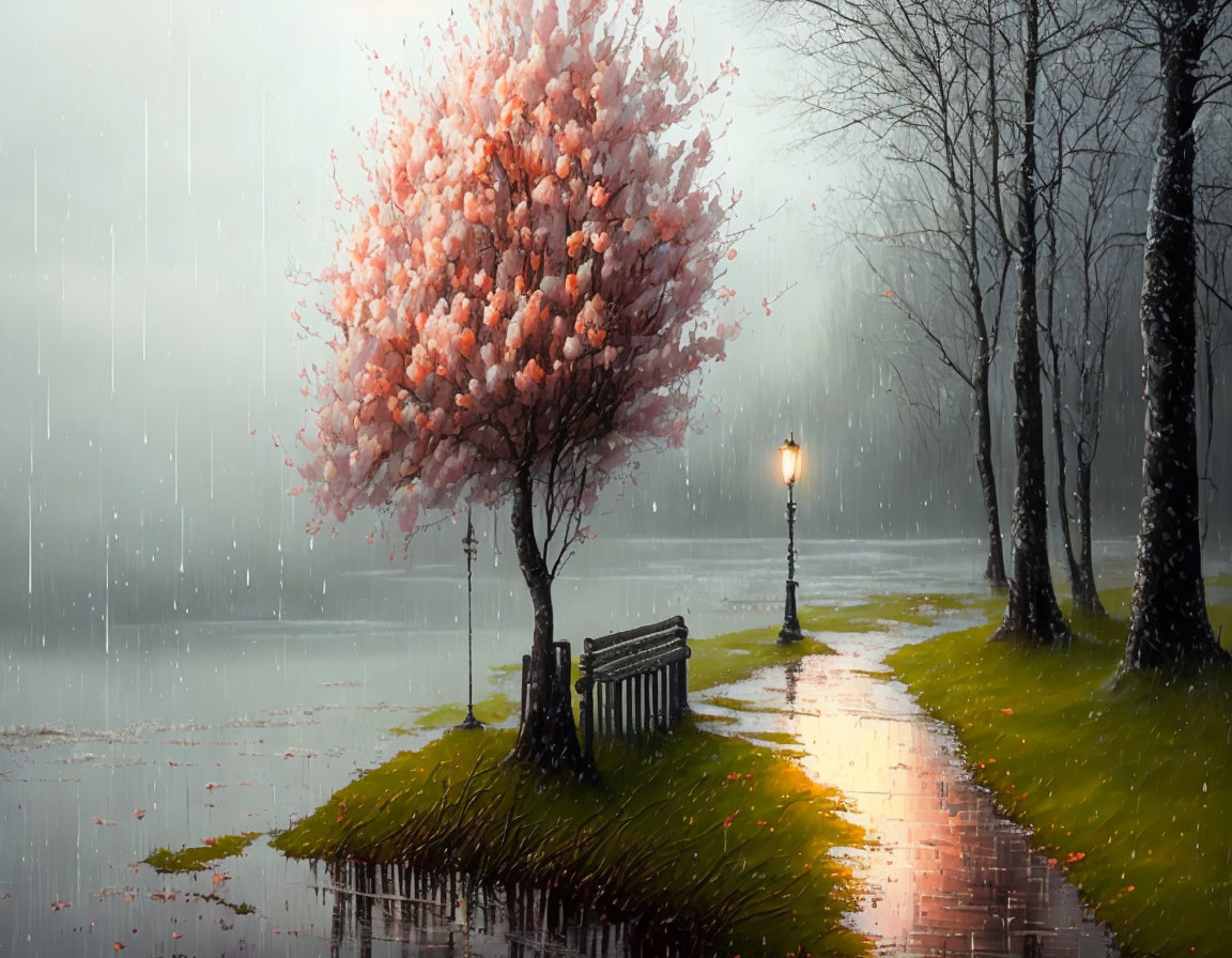 Tranquil park with pink blossoming tree, rain-soaked path, bench, and street lamp