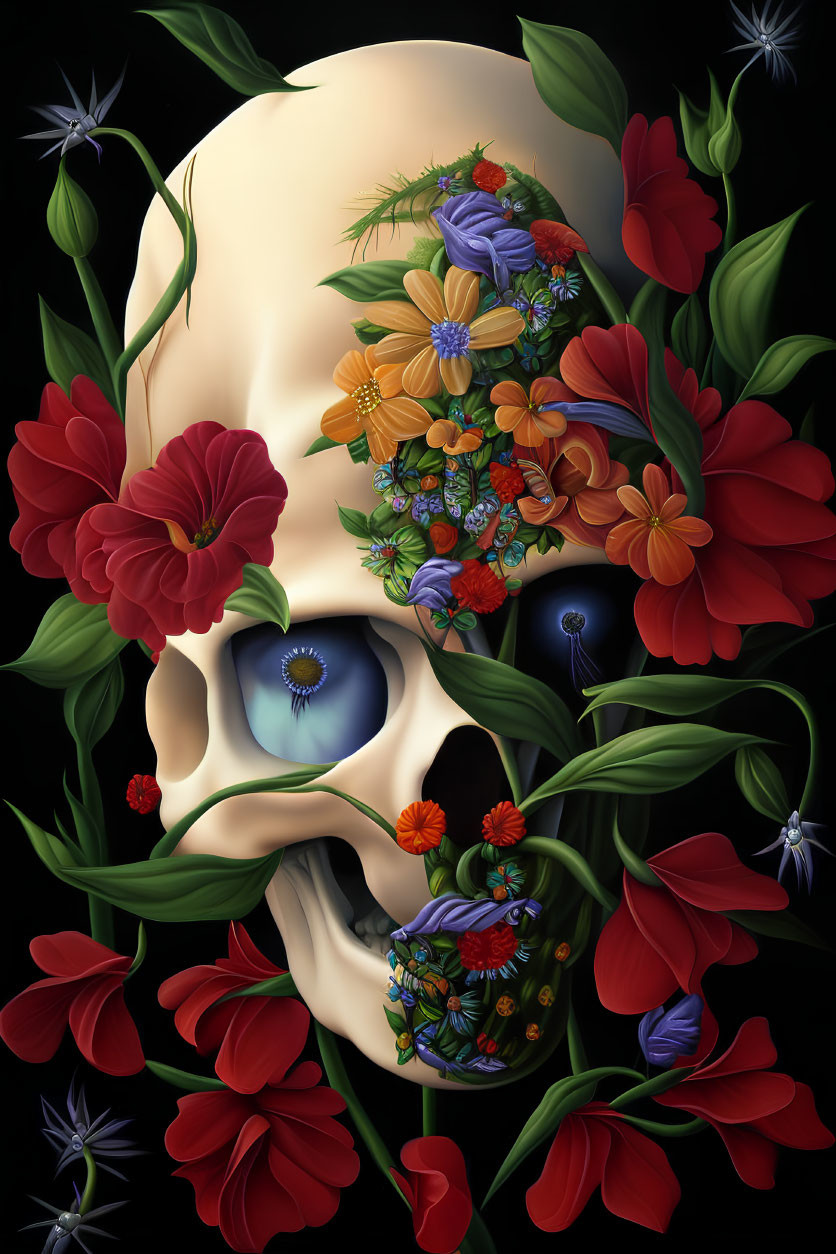 Colorful Flower Skull Illustration with Detailed Blue Eye