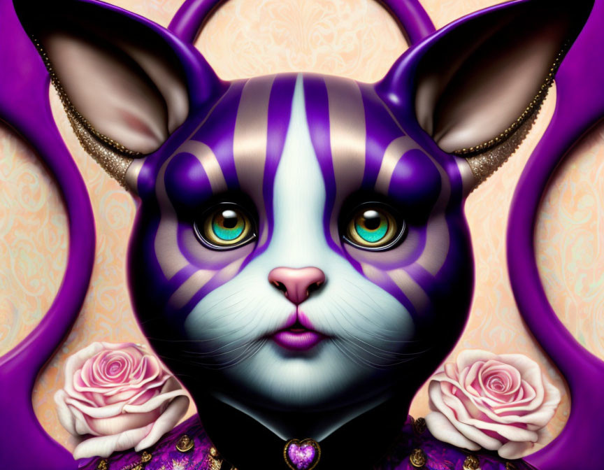 Colorful Digital Art: Stylized Purple-Striped Cat with Expressive Eyes and Gold Acc
