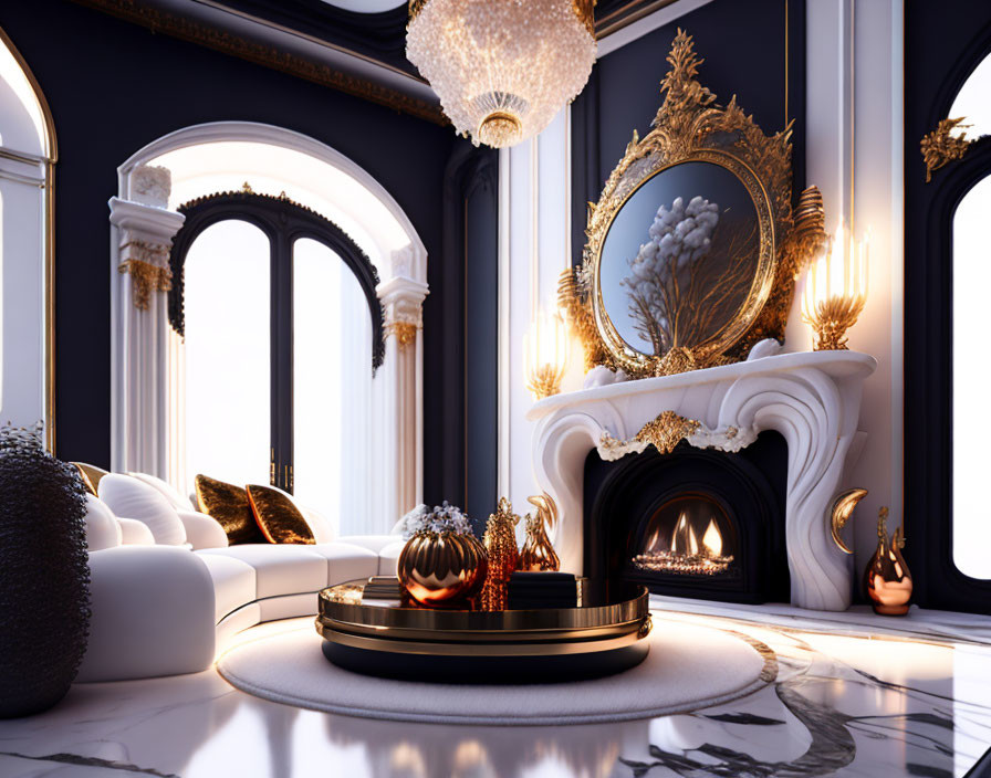 Elegant living room with white sofa, golden mirror, fireplace, chandeliers, black walls,