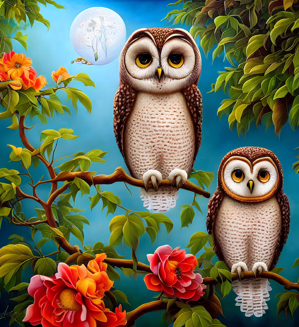 Stylized owls on branch with flowers and moon.