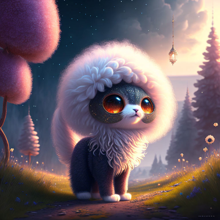 Whimsical fluffy cat illustration in magical forest at dusk