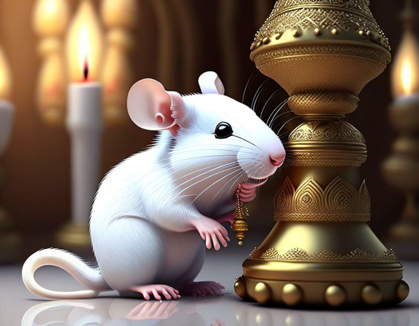Realistic cartoon mouse near candles and ornate pedestal nibbling on intricate piece