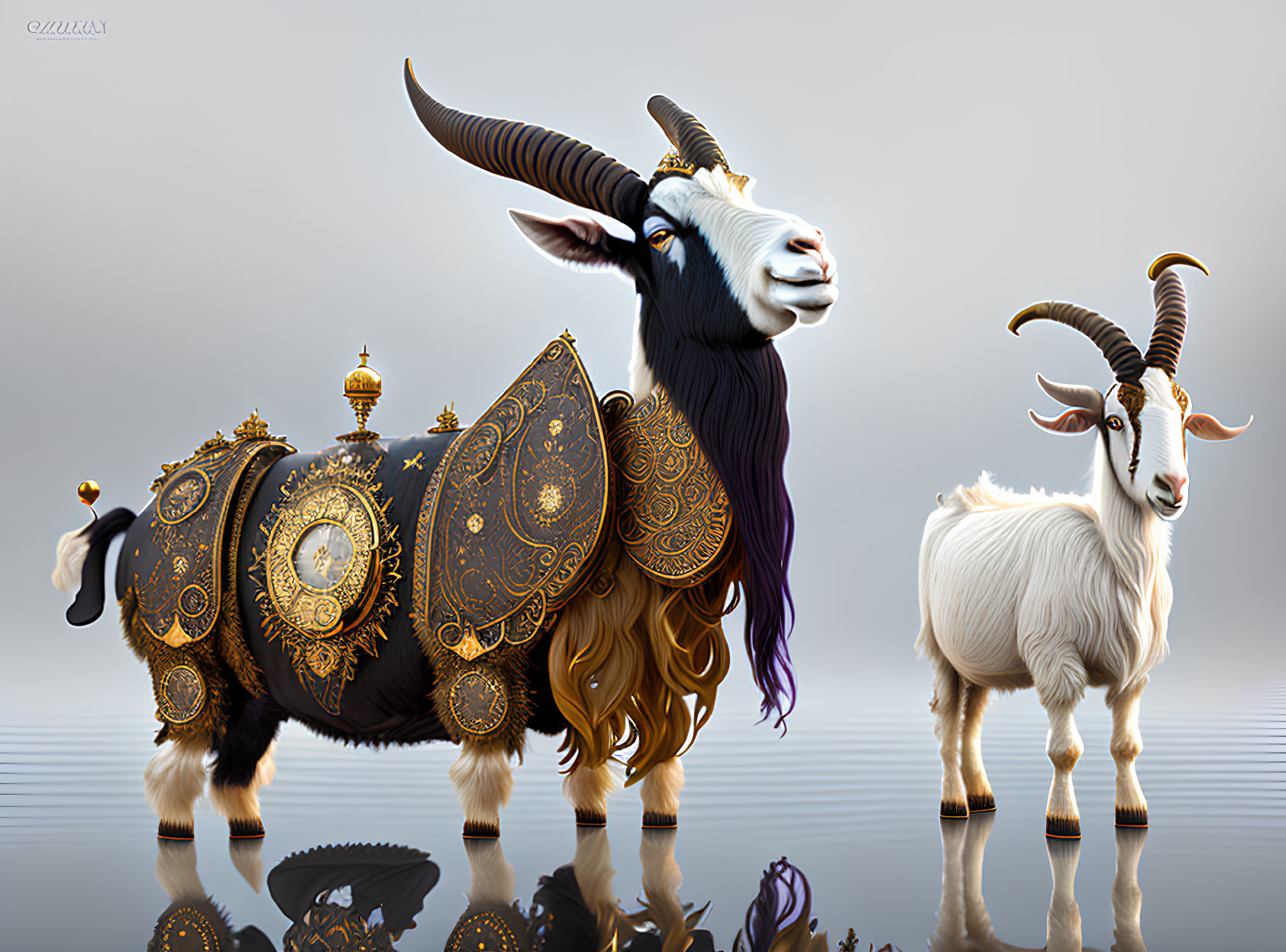 Digital artwork featuring two goats with decorative saddle and accessories, standing on shiny surface
