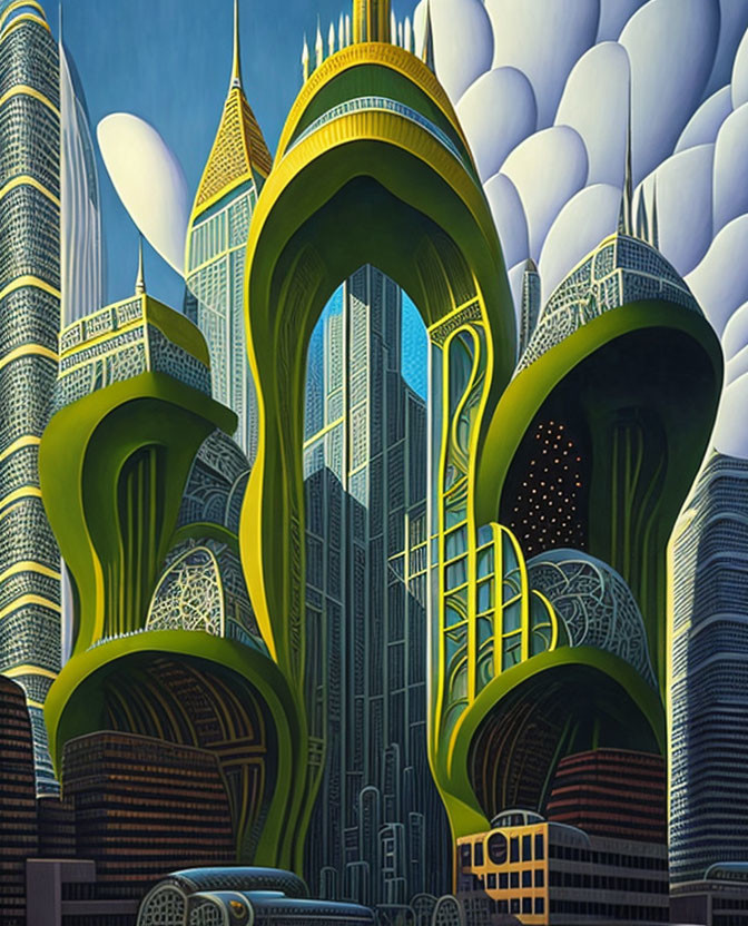 Futuristic cityscape with towering skyscrapers and green structures in blue sky