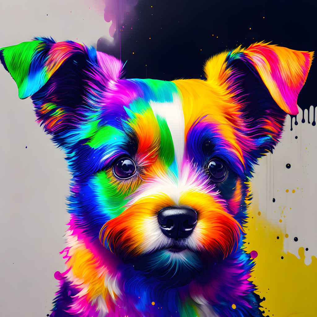 Colorful Portrait of Dog with Intense Eyes and Paint Splashes