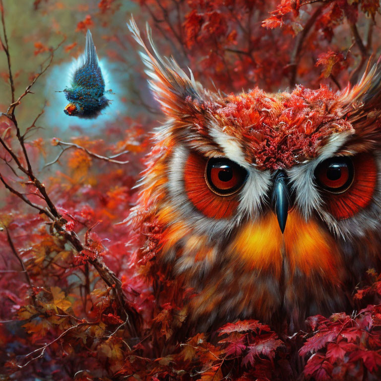 Vibrant Autumn Owl and Bird Illustration with Intense Colors