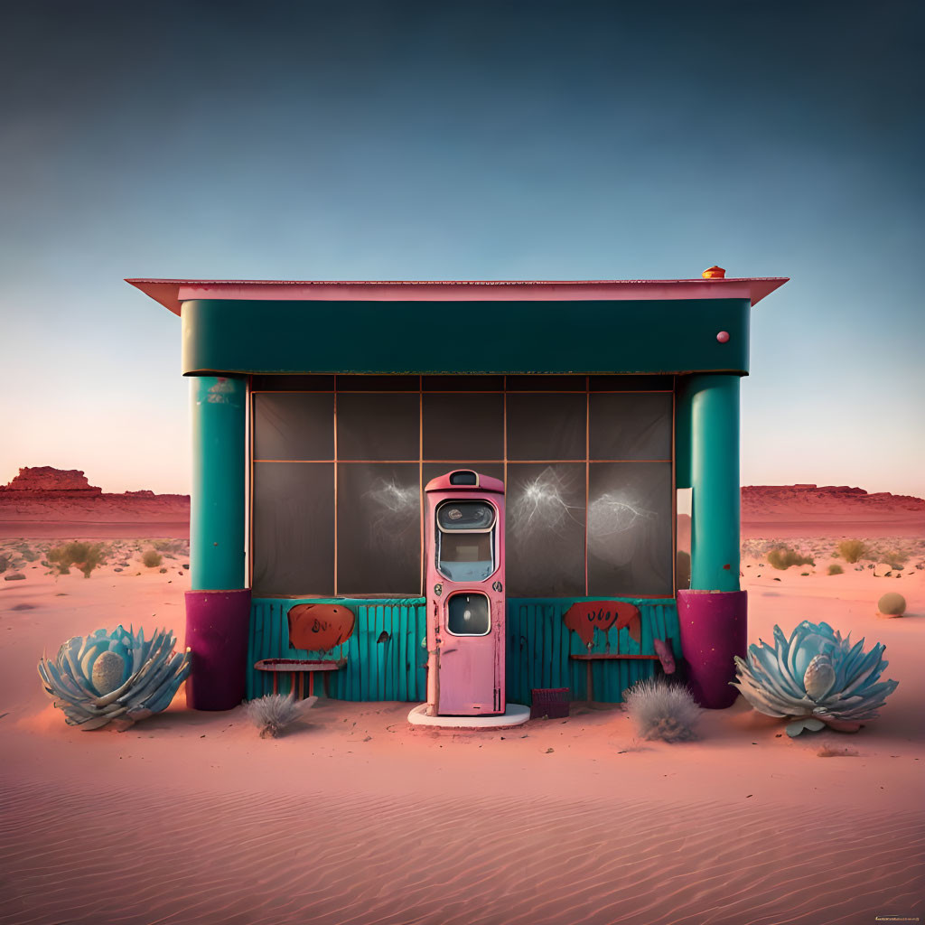 Abandoned colorful diner with vintage gas pump in desert landscape