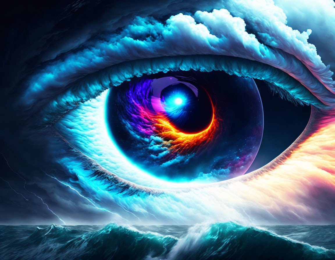 Enormous surreal eye with cosmic scene and stormy ocean waves