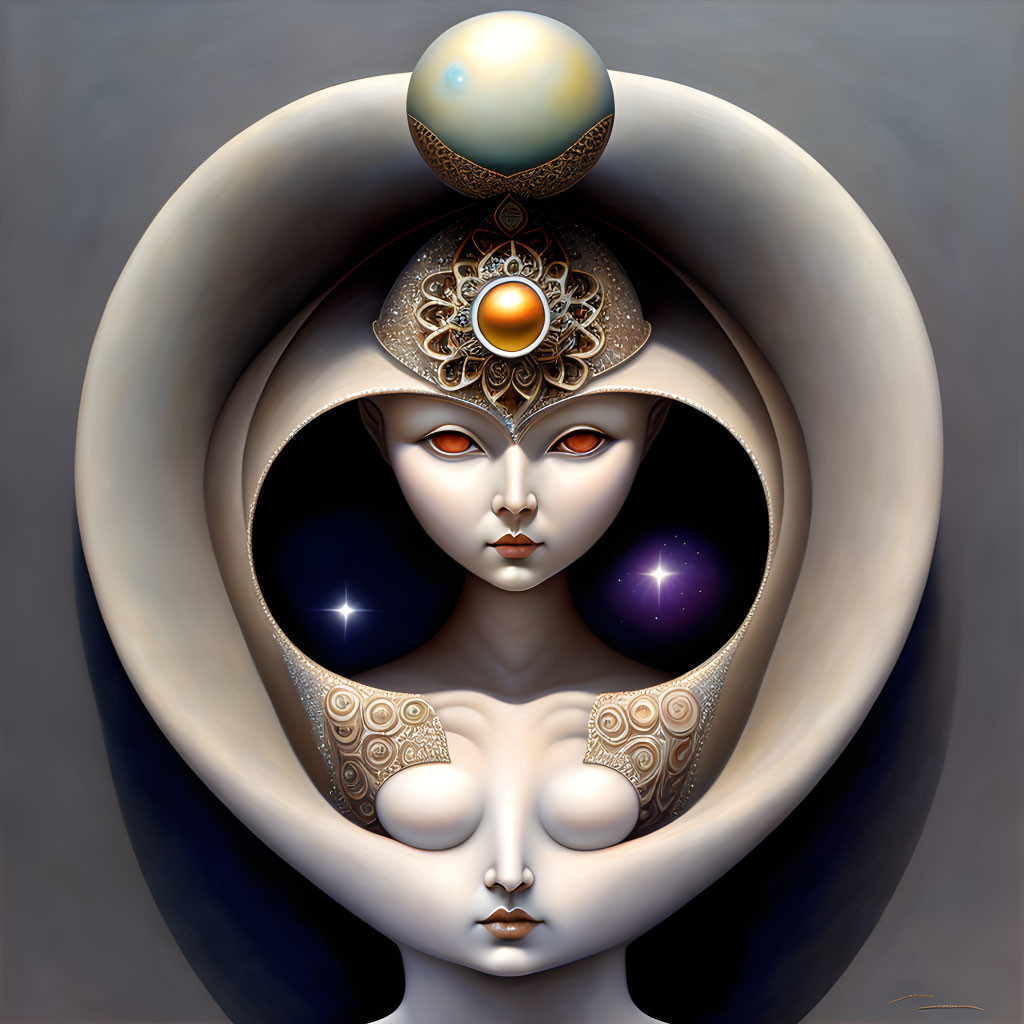 Celestial-themed surreal digital artwork with female figure