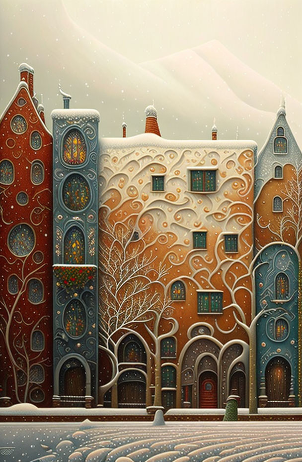 Whimsical, Colorful Buildings in Snowy Fairytale Scene