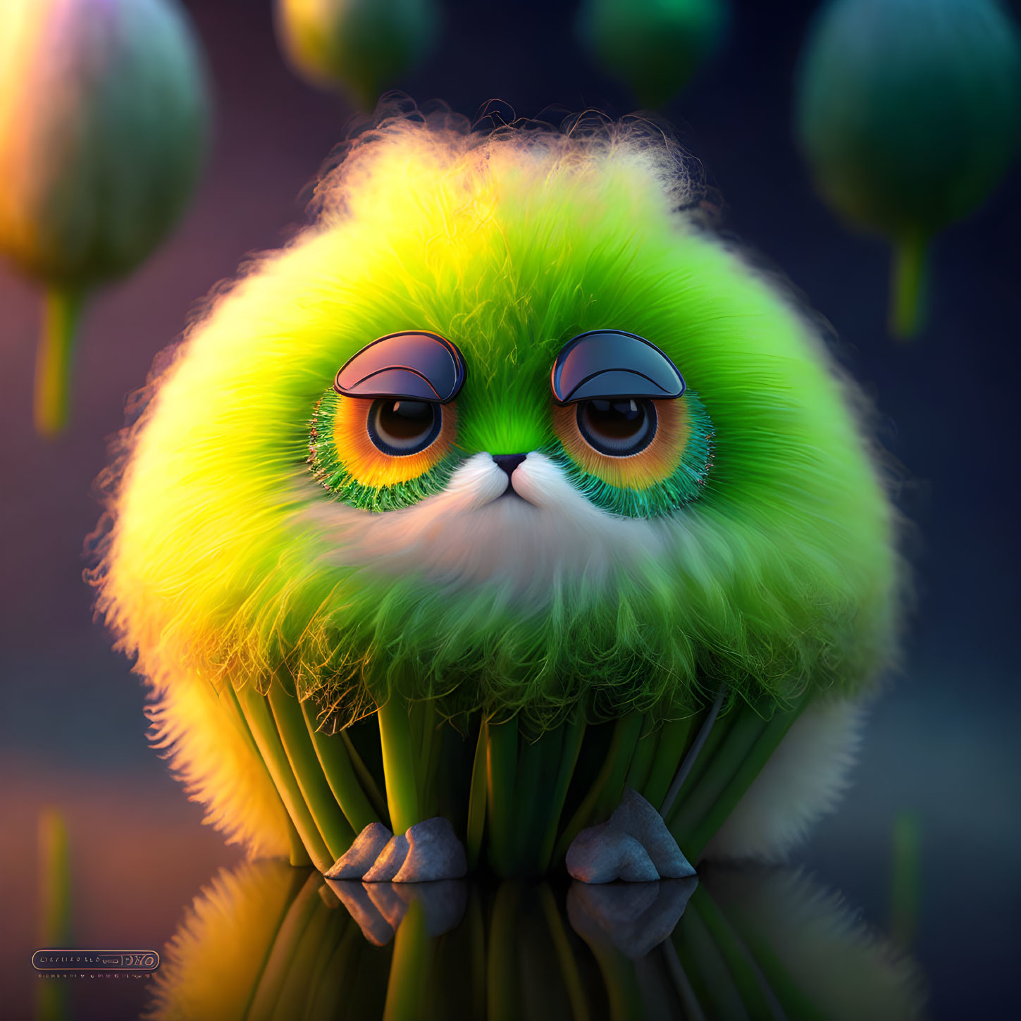 Whimsical digital creature with large eyes and green fur