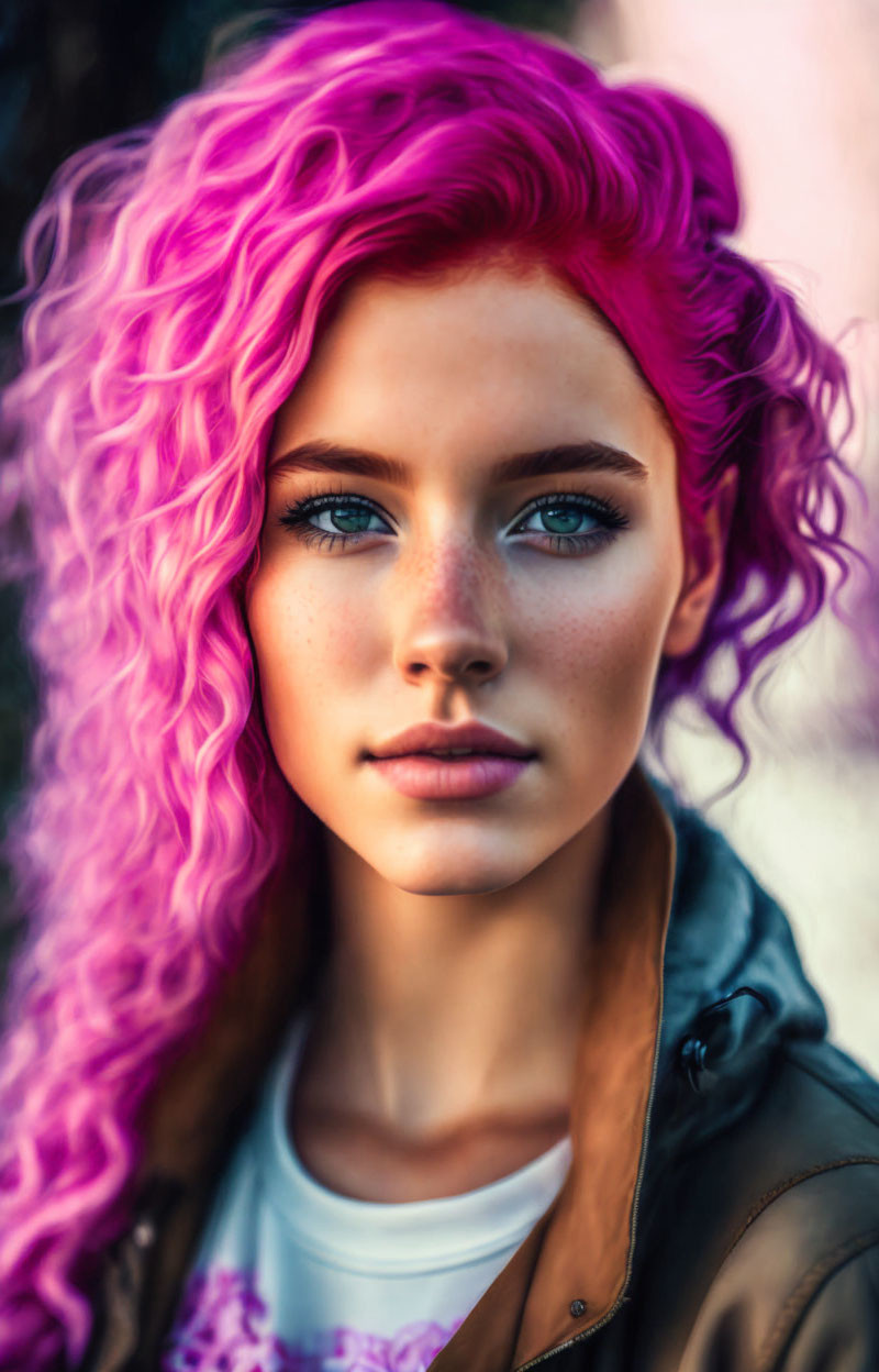 Vibrant pink wavy hair woman with blue eyes and freckles in dark jacket.