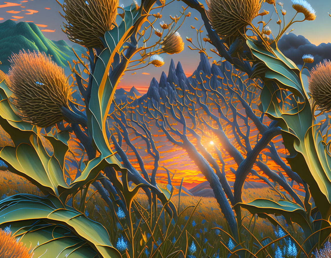 Fantastical landscape with blooming flowers, distant mountains, and warm sunset