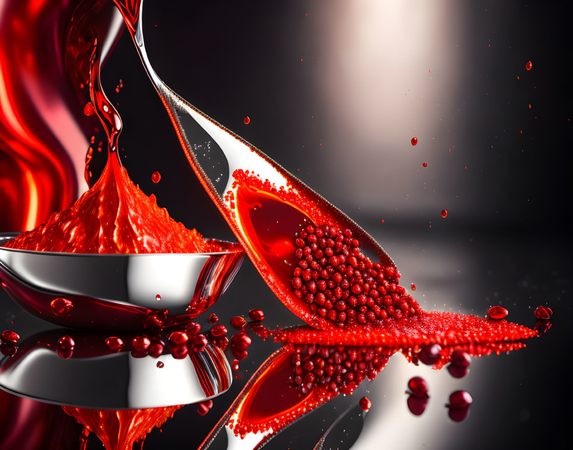 Vibrant red liquid splash with beads on gradient background