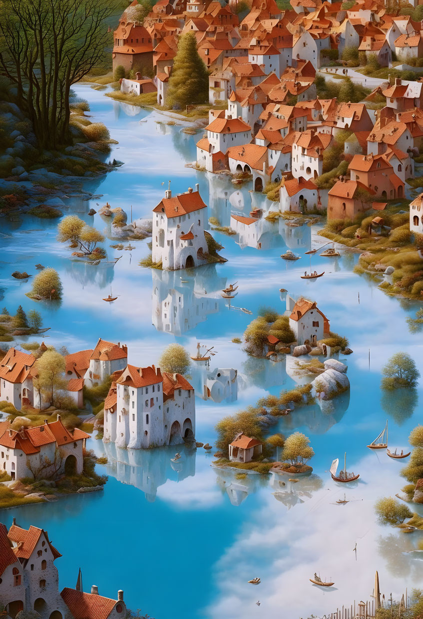 Tranquil fantasy landscape: intricate village, orange-roofed houses, calm blue waters, lush