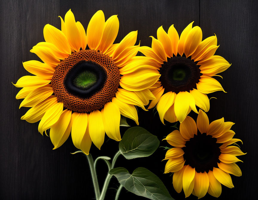 Three vibrant sunflowers on dark wooden background