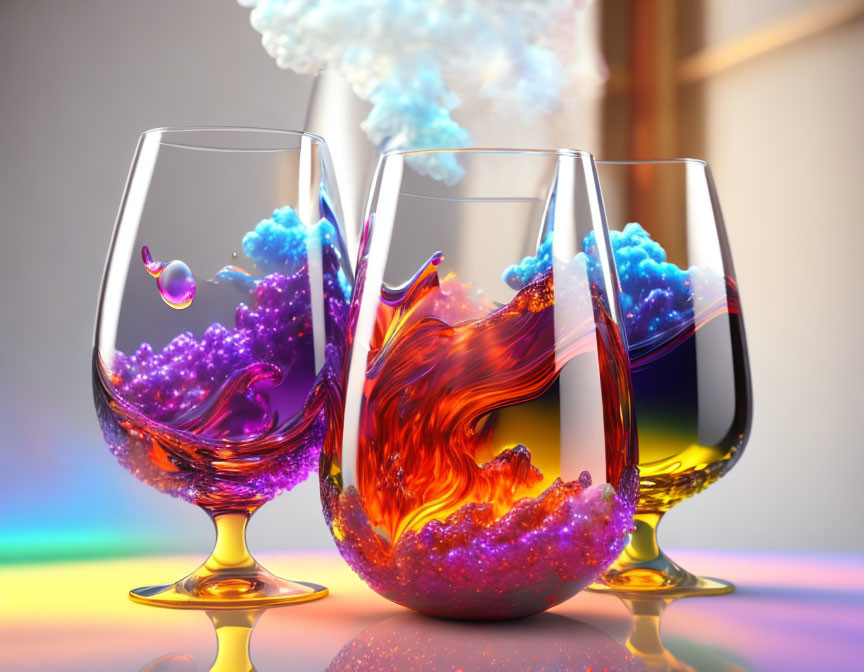 Vibrant swirling liquids in three wine glasses on colorful backdrop
