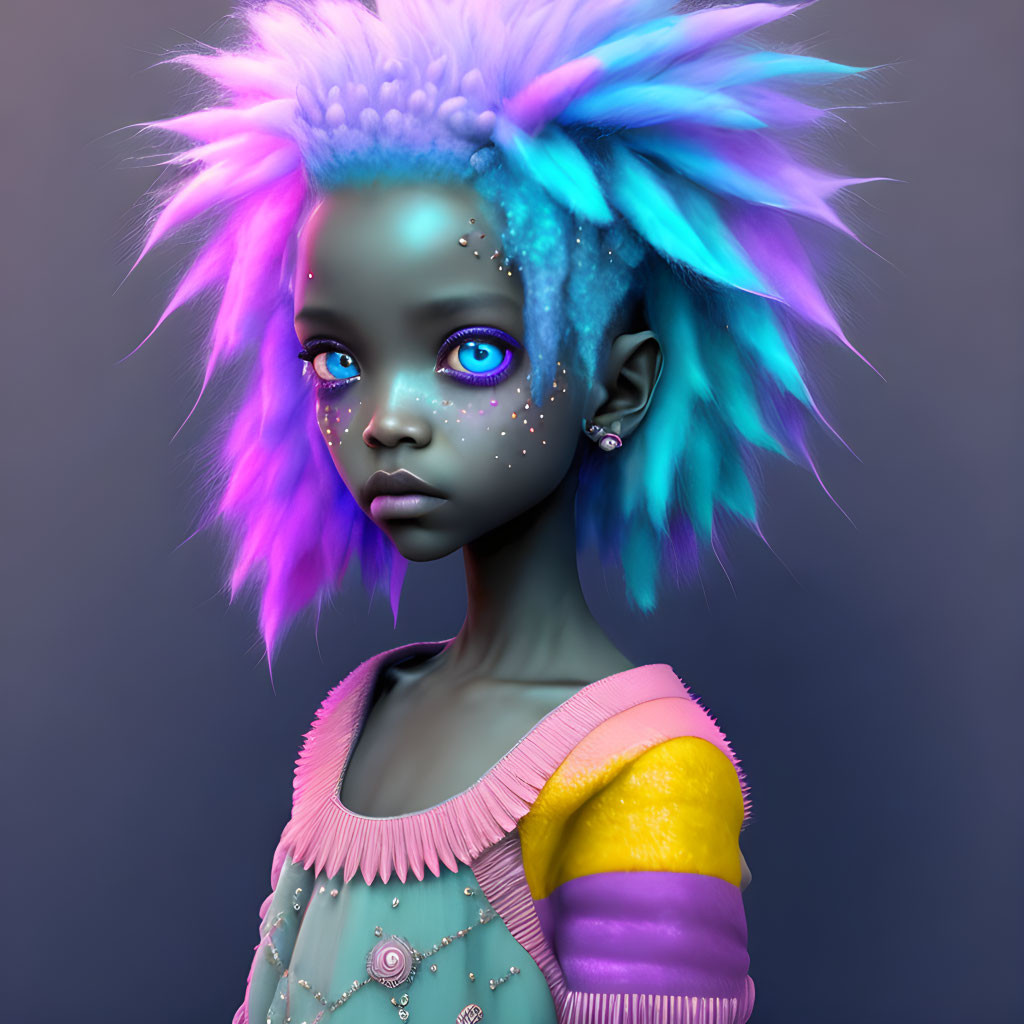 Digital artwork: Blue-skinned girl with expressive eyes, punk hair, star freckles, past