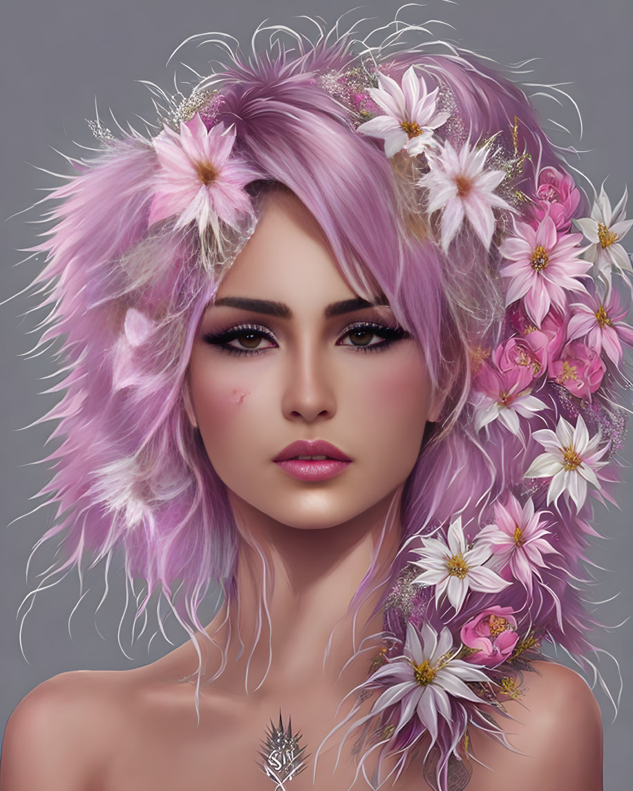Digital artwork: Woman with pink hair, floral adornments, vivid makeup.