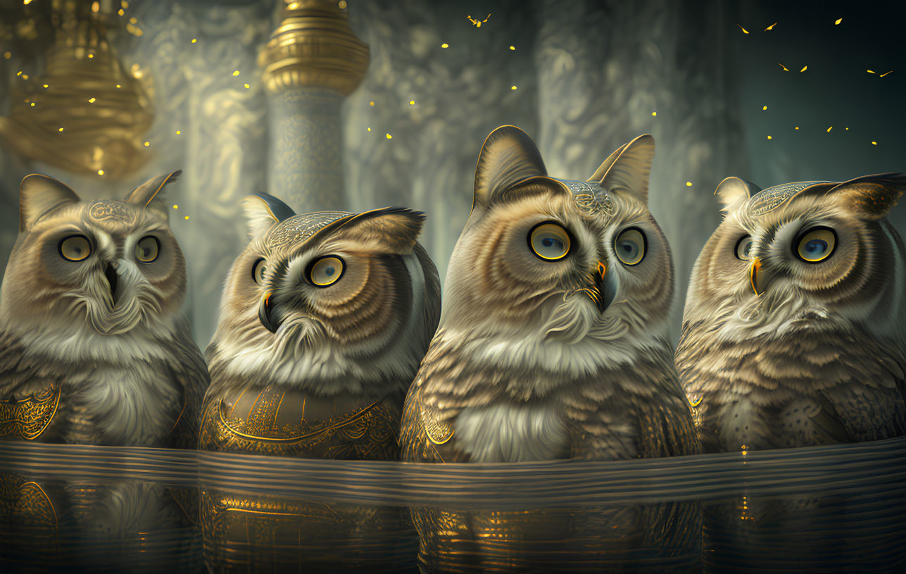 Four ornate golden owls in mystical setting with vintage lamp and sparks