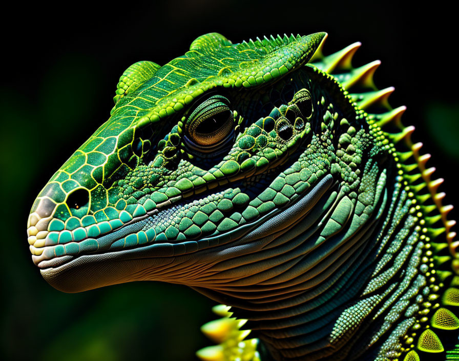 Detailed Close-Up of Green Lizard with Intricate Scales and Spiny Crest