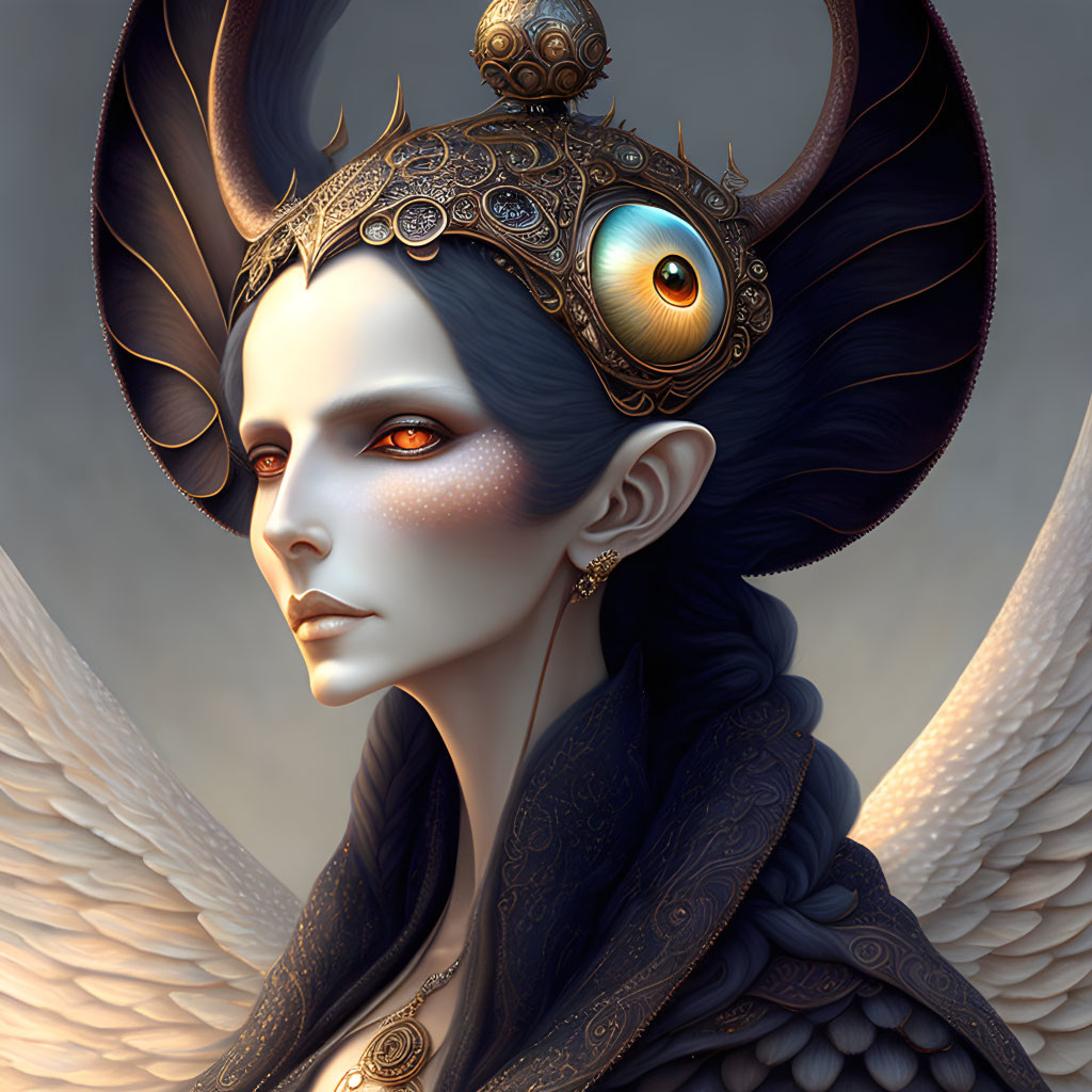 Fantasy art: Blue-skinned character with ornate horned headdress and feathered details
