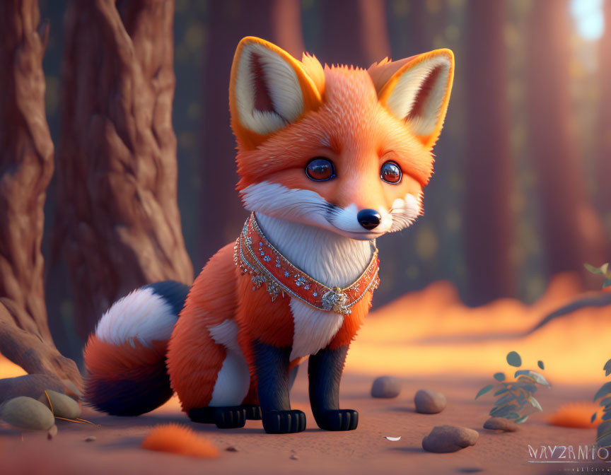 Stylized animated fox in forest with ornate necklace