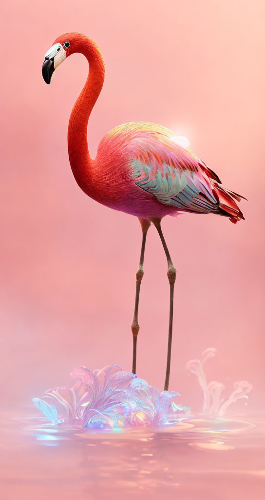 Pink flamingo standing gracefully with reflection on glossy surface