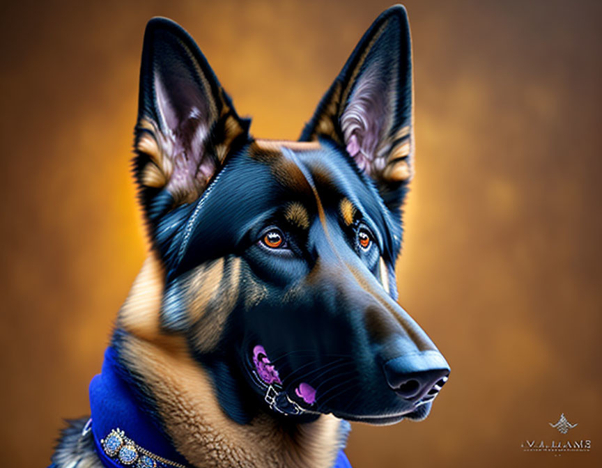 German Shepherd Portrait with Blue Collar on Golden Background
