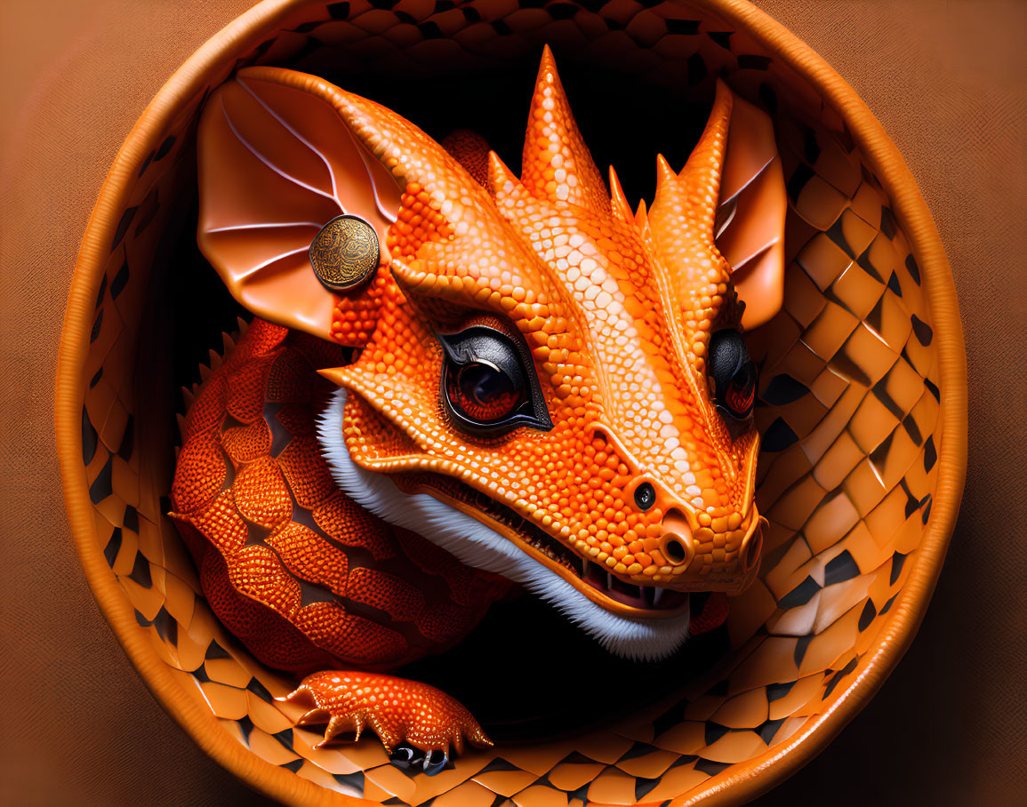 Detailed Orange and White Dragon Sculpture in Woven Basket