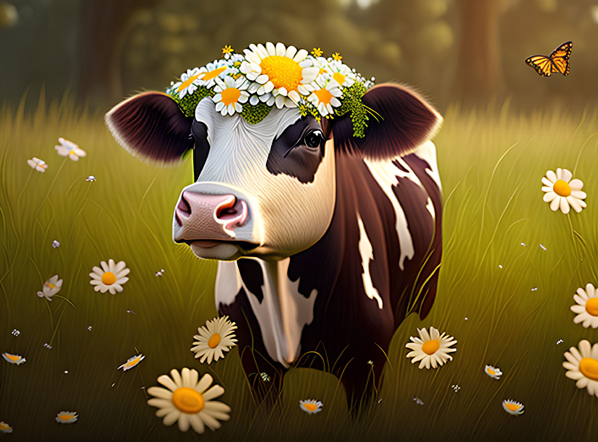 Cow with Daisy Crown in Sunny Meadow with Butterfly