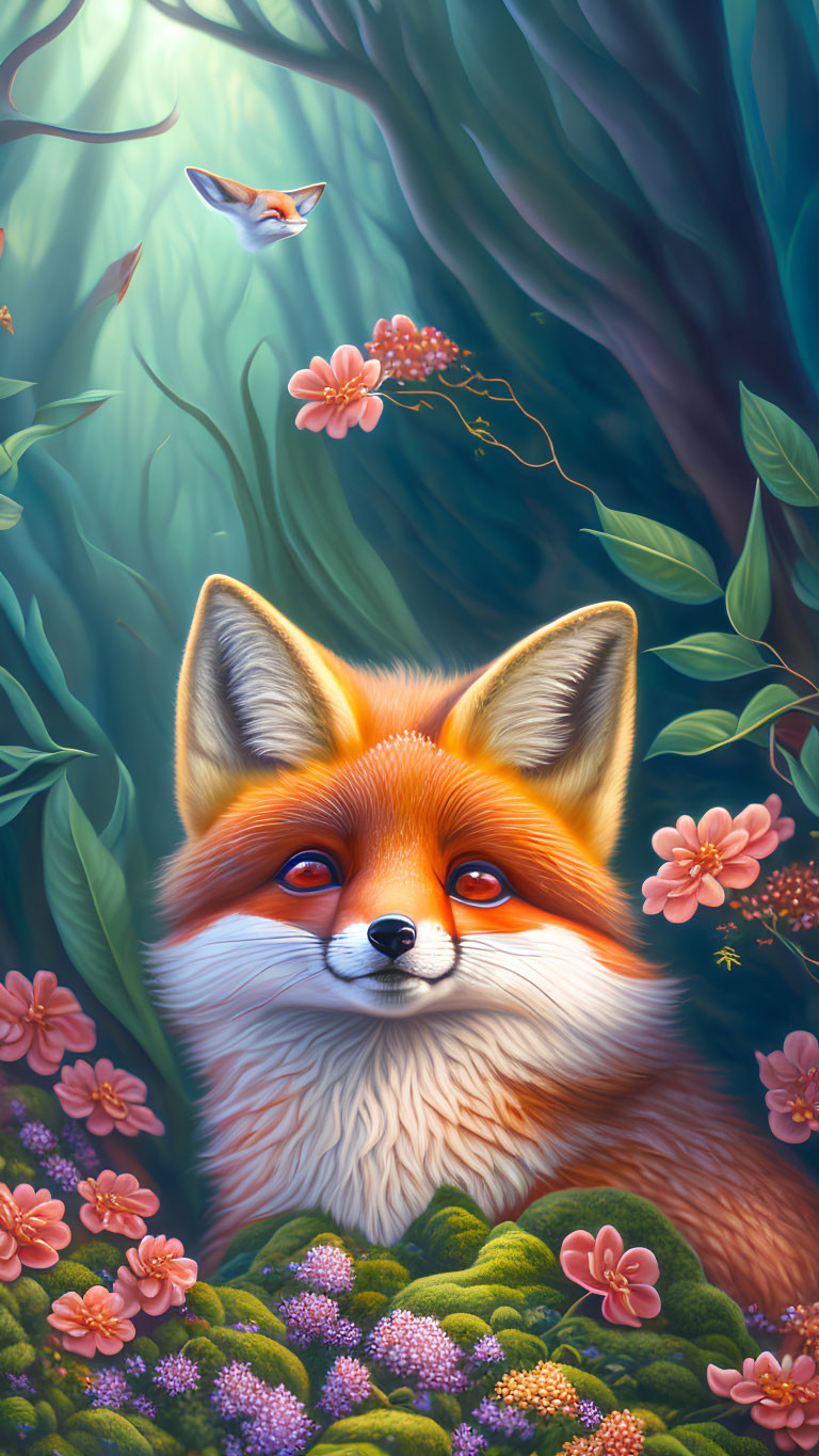Detailed red fox in lush greenery with pink flowers and butterfly