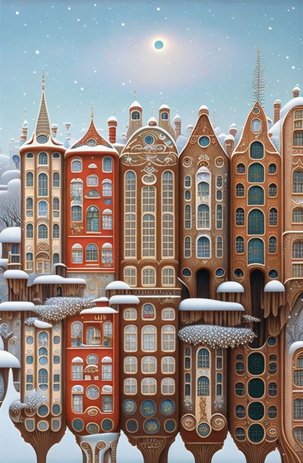 Intricate tall houses with snowy roofs under starry sky