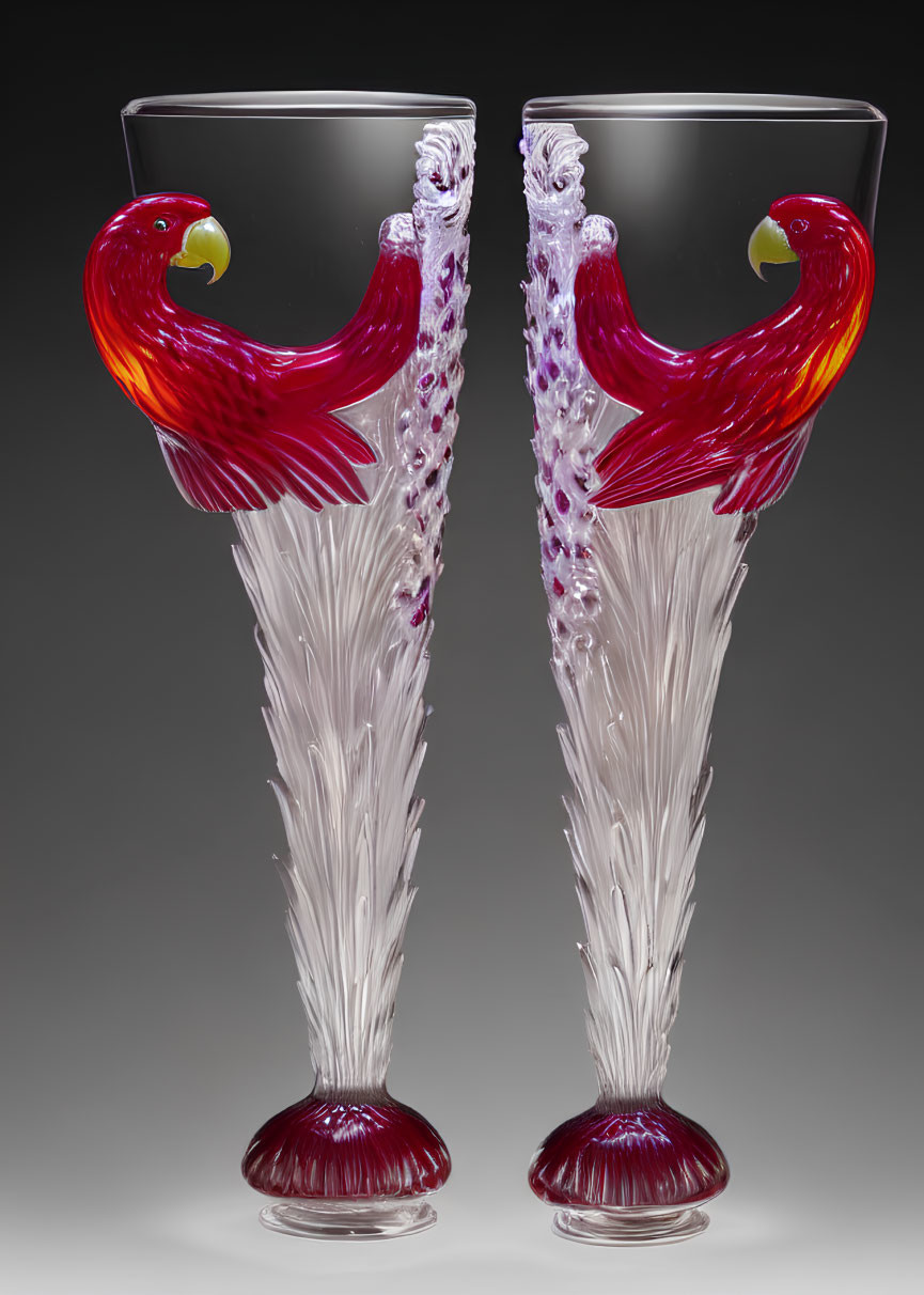 Elaborate Art Glass Champagne Flutes with Red Eagle Heads and Textured Clear/Purple Stems