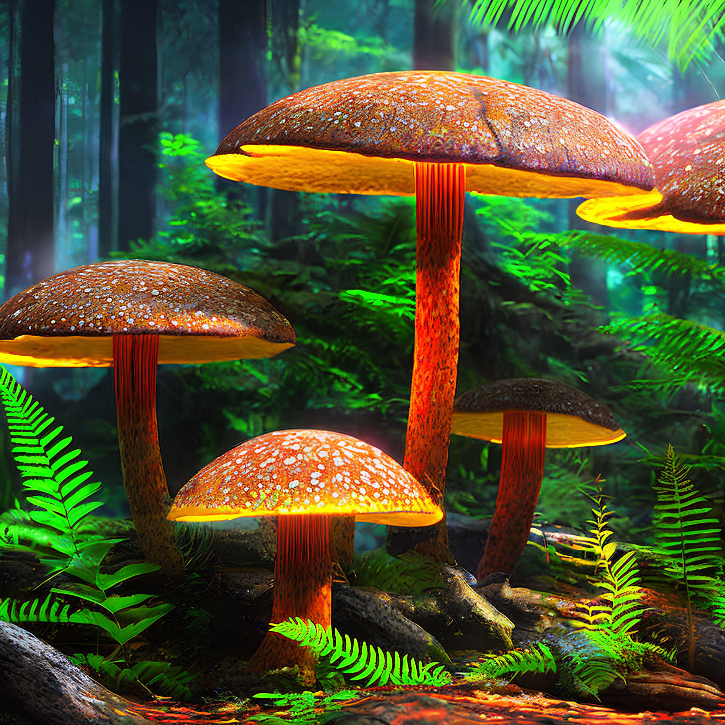 Oversized speckled mushrooms in mystical forest with sunlight beams