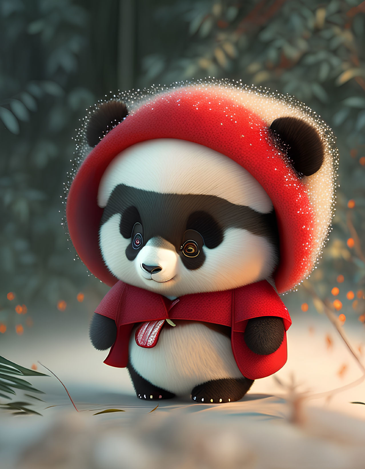 Red panda in festive scarf in snowy scene
