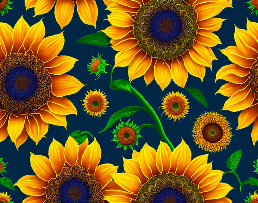 Sunflower Pattern in Various Sizes on Deep Blue Background