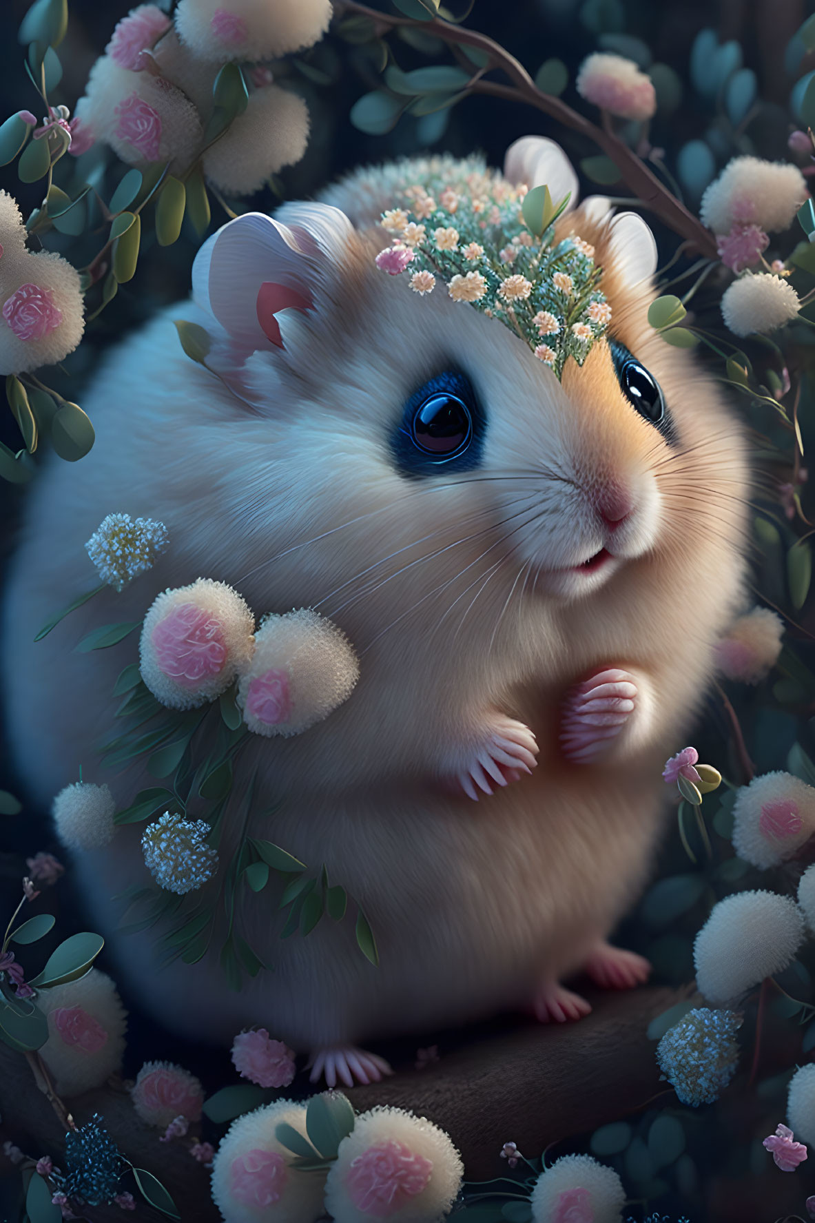Illustration of cute hamster with flower crown in pink floral setting