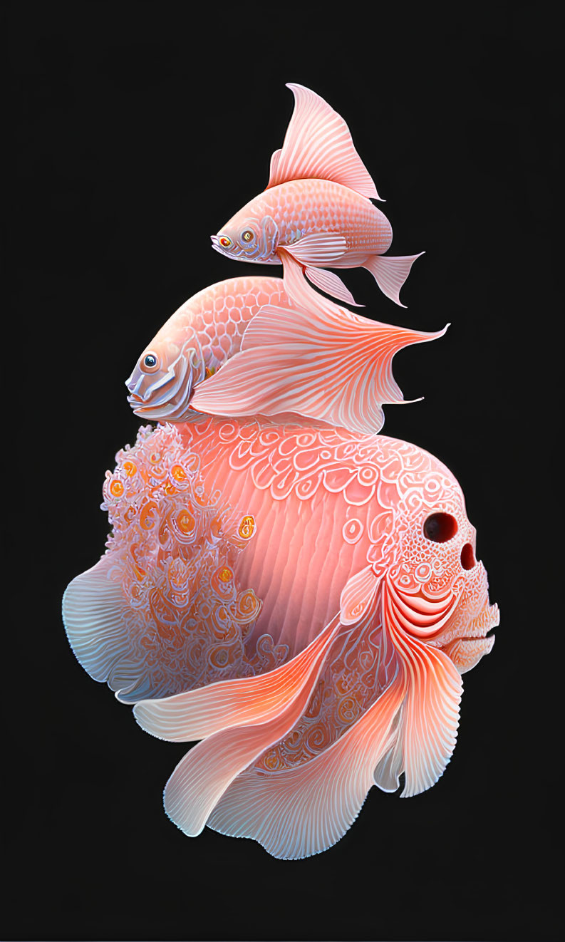 Ornate stylized fish with intricate patterns on dark background