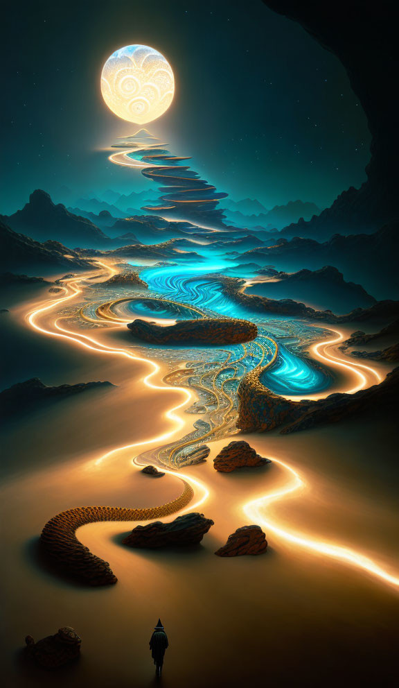 Mystical landscape with glowing rivers and ornate moon silhouette