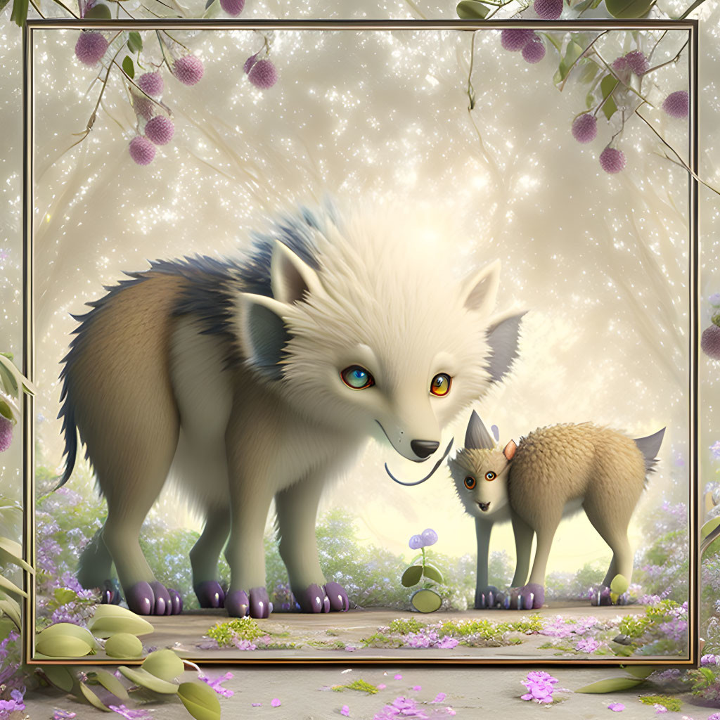 Stylized illustration of white and blue foxes in magical forest