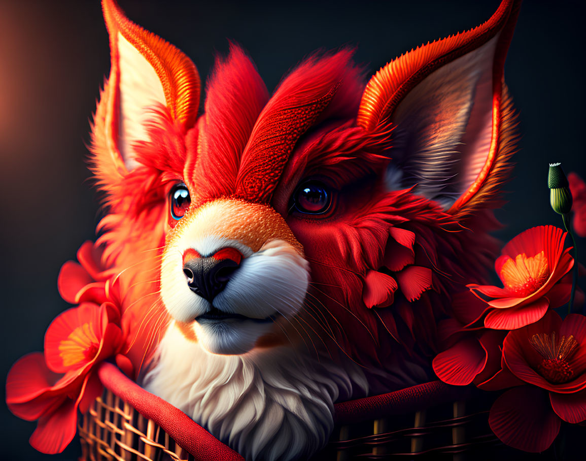 Vibrant stylized red fox surrounded by red-orange flowers