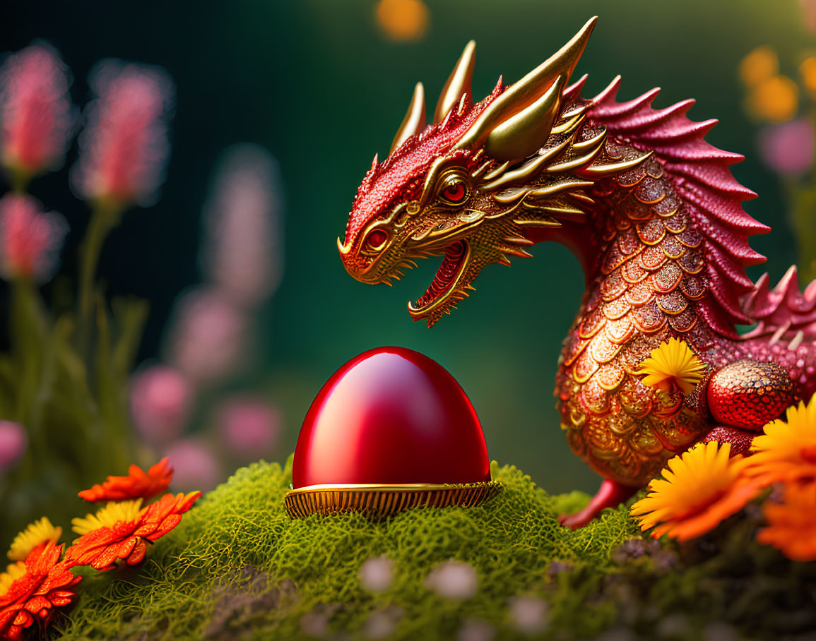 Vibrant red dragon sculpture with red egg and flowers on green background