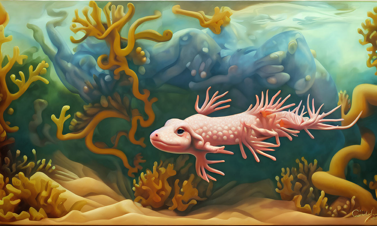 Colorful Axolotl-Like Creature Swimming in Coral Reef