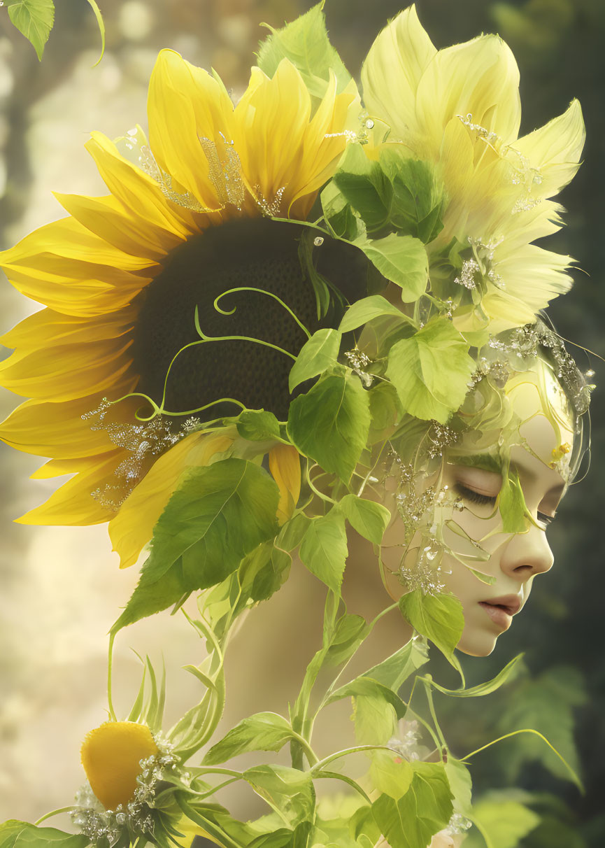 Person with Sunflower Head and Leaf-Adorned Face Portrait