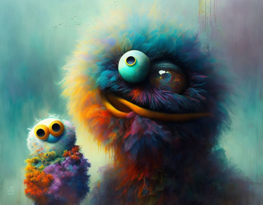 Vibrant digital painting of fluffy fantasy creatures