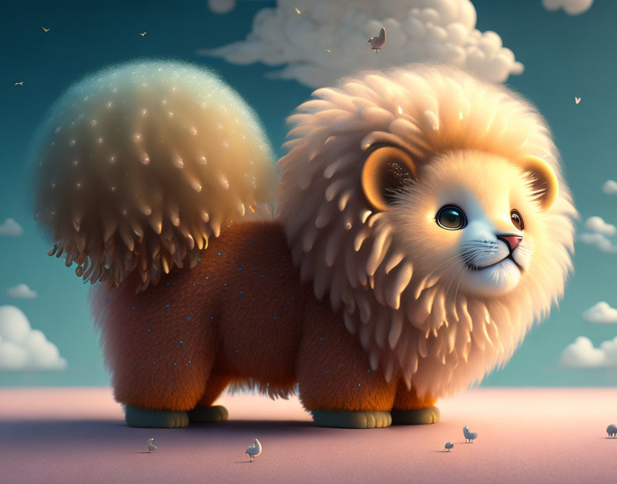 Fluffy lion illustration with oversized mane and tail in pink and blue sky